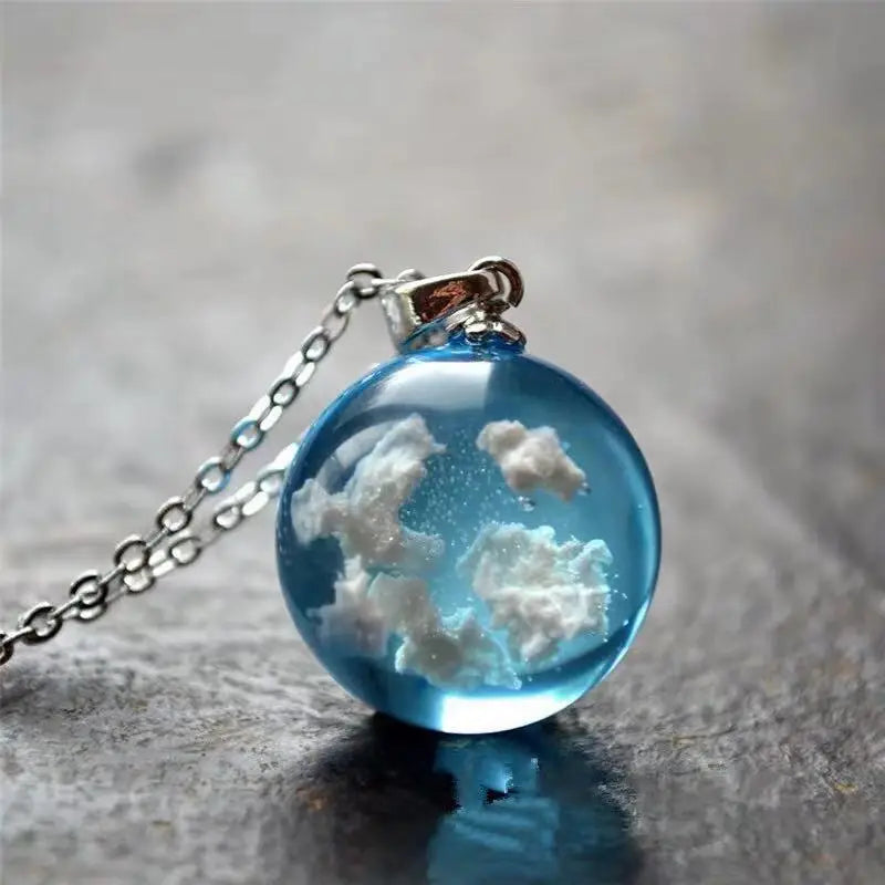 Fashions W.S...Chic Transparent Resin Rould Ball Moon Pendant Necklace Women Blue Sky White Cloud Chain Necklace Fashion Jewelry Gifts for Girl