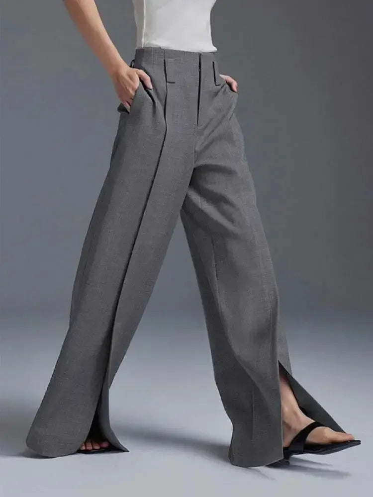 fashions w s.. Autumn Suit Pants Grey Trousers Loose High Waisted Korean Fashion Split-Front Pleated Wide Leg Classics Pants For Office Lady