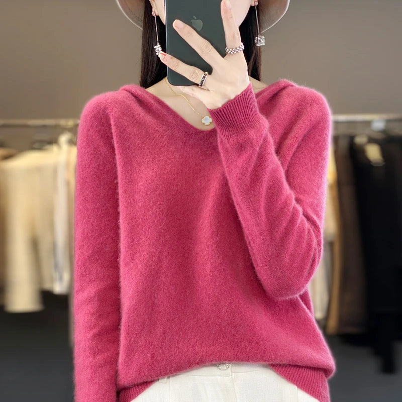 Fashions.w.s..100% Merino Wool Hooded Sweaters Women Knitted Pullover Top Winter Warm Soft V-Collar Polychrome Sweater Women's Jumper