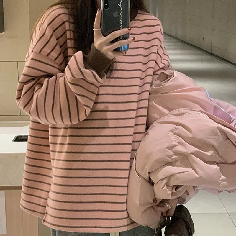 Fashion WS ..Pink Striped Long Sleeve T-shirt Women's FASHION W S..Chic Loose-fit Inner Round  Neck Sweatshirt 2023 Autumn New Lightweight Student Tops