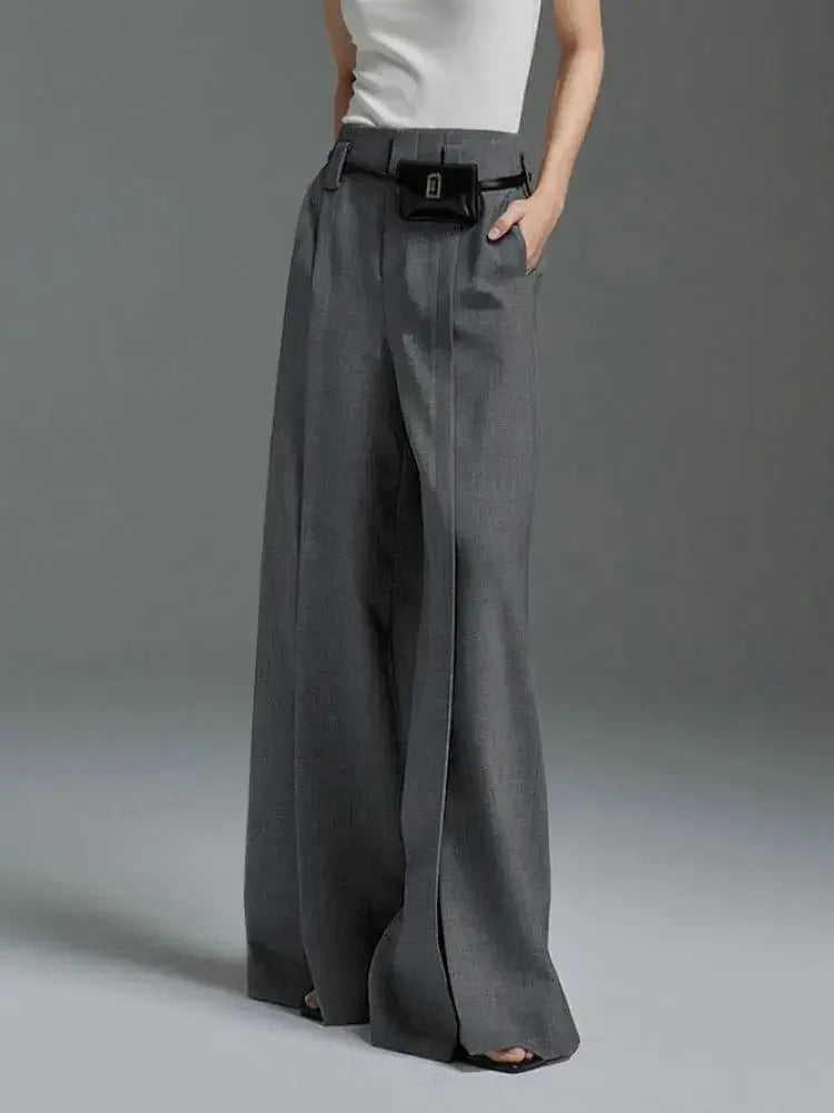 fashions w s.. Autumn Suit Pants Grey Trousers Loose High Waisted Korean Fashion Split-Front Pleated Wide Leg Classics Pants For Office Lady