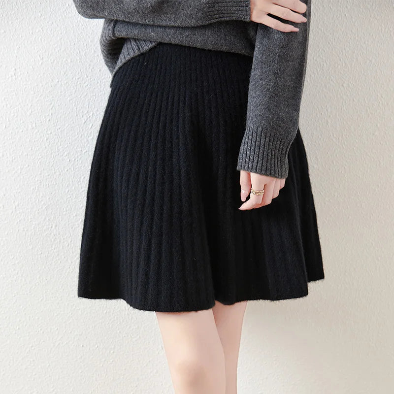 F W S..100% merino wool women's knitted pleated skirt, elastic waist, casual, fashionable, Korean version, new autumn and winter 2024