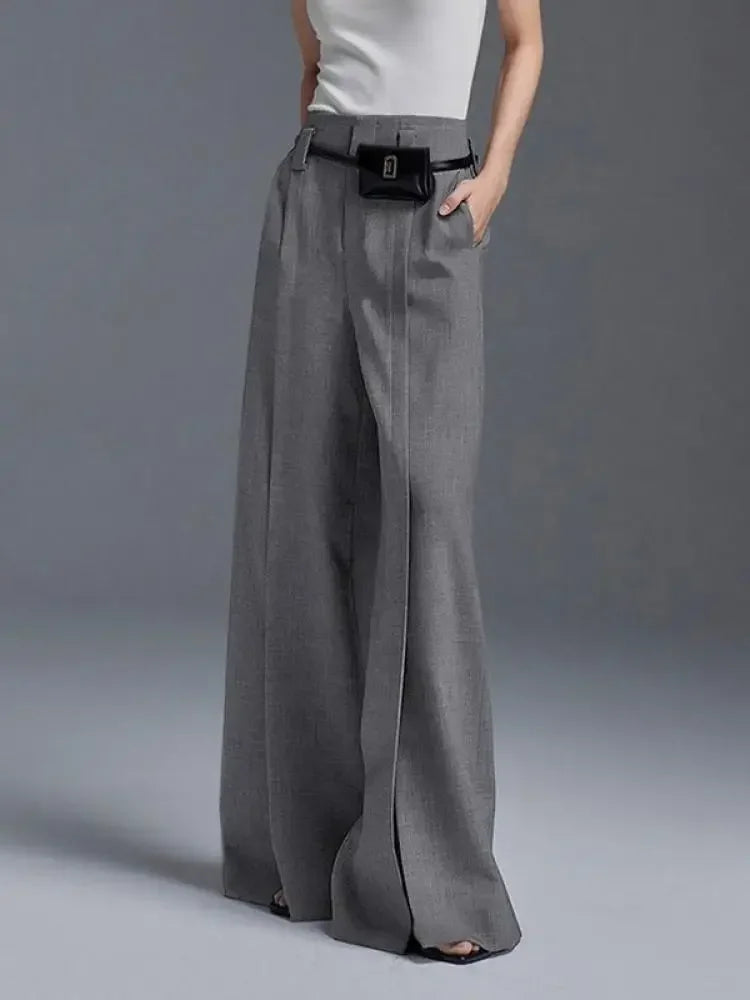 fashions w s.. Autumn Suit Pants Grey Trousers Loose High Waisted Korean Fashion Split-Front Pleated Wide Leg Classics Pants For Office Lady