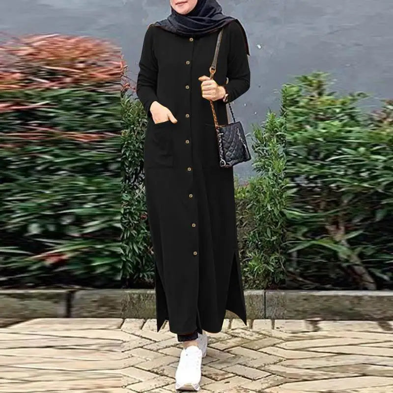 F W S..2024 ZANZEA Muslim Ramadan Sundress Robe Femme Vintage Long Sleeve Casual Solid Shirt Dress Fashion Loose Buttons Abaya Vestidos