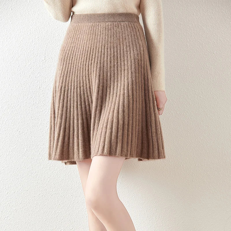 F W S..100% merino wool women's knitted pleated skirt, elastic waist, casual, fashionable, Korean version, new autumn and winter 2024