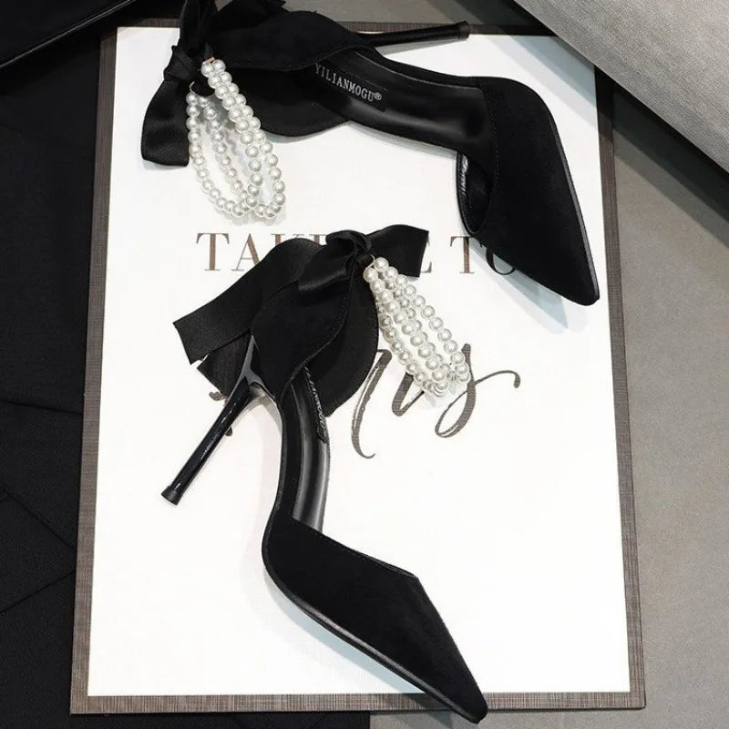 F.W.S....Black Women's Pumps 2024 Summer New Brand Design String Bead Pearls Wedding Bridal High Heels Sexy Pointed Toe Party Dance Shoes