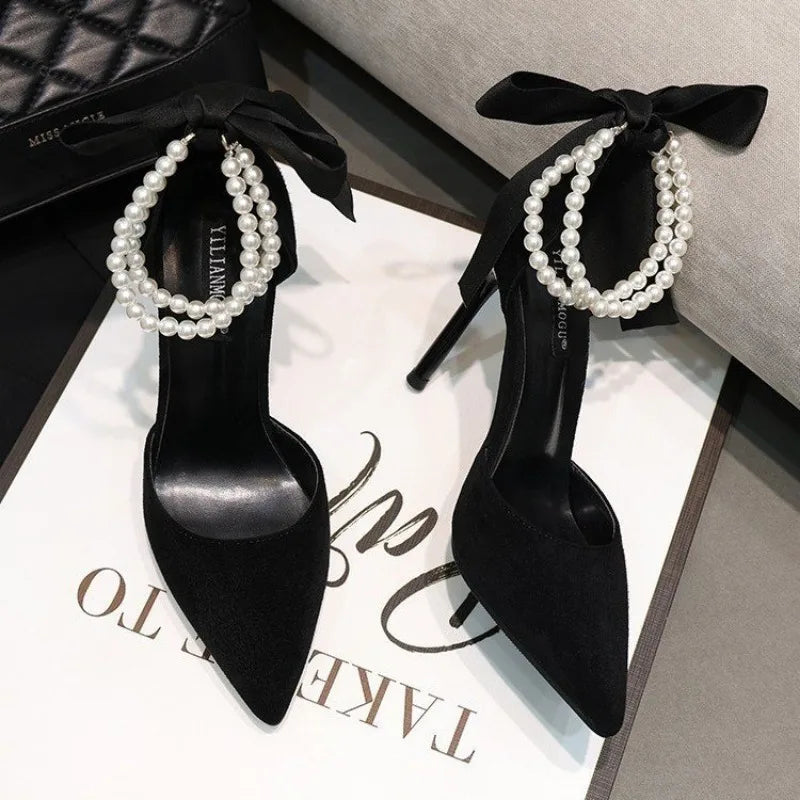 F.W.S....Black Women's Pumps 2024 Summer New Brand Design String Bead Pearls Wedding Bridal High Heels Sexy Pointed Toe Party Dance Shoes