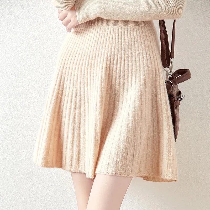 F W S..100% merino wool women's knitted pleated skirt, elastic waist, casual, fashionable, Korean version, new autumn and winter 2024