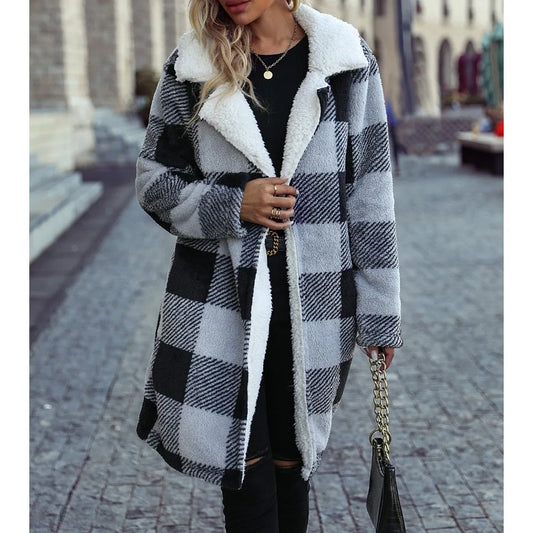 F W S..Autumn and Winter New Women's Fashion Polo Collar Long Sleeved Buckle Free Plaid Long Loose Cardigan Double Sided Casual Coat