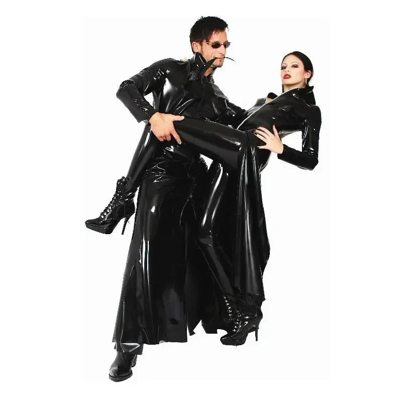 F w s..Unisex Black Long Glossy Leather Coat PVC Latex Trench Jacket Costume for Men Women Movie The Matrix Neo Cosplay