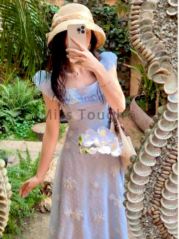 F W S..France Fashion Floral Print One Piece Dress Women Vintage Elegant Y2k Midi Dress Female Beach Outing Chic Dress Summer 2024 New