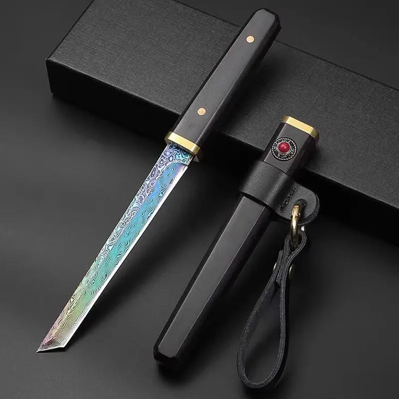 F.W.S...Damascus Steel Knife Solid wood handle and wooden sheath Mini katana fixed blade - for fruit slicing display collection