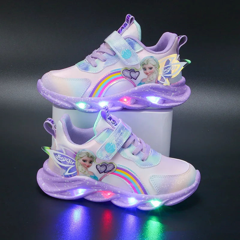 Disney Girls' Casual Shoes Led Lights Mesh Breathable Children's Sports  Princess Elsa Pink Purple Shoes Sneakers Size 22-37