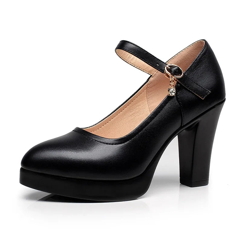 F.w.S ..High Heels Platform Pumps Mujer 2022 Spring New Fashion Buckle Solid Black Shoes Woman PU Leather Waterproof Shoes Femme