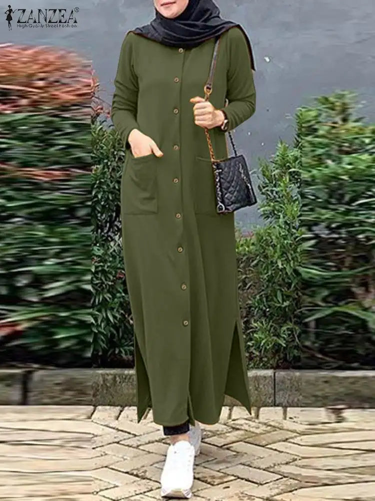 F W S..2024 ZANZEA Muslim Ramadan Sundress Robe Femme Vintage Long Sleeve Casual Solid Shirt Dress Fashion Loose Buttons Abaya Vestidos