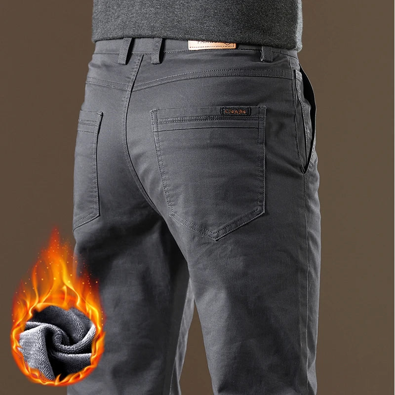 F W S ..97% Cotton Men's Fleece Casual Pants Khaki Black Gray Navy Blue Straight Soft Cozy Stretch Trousers Winter Warm Male Clothing