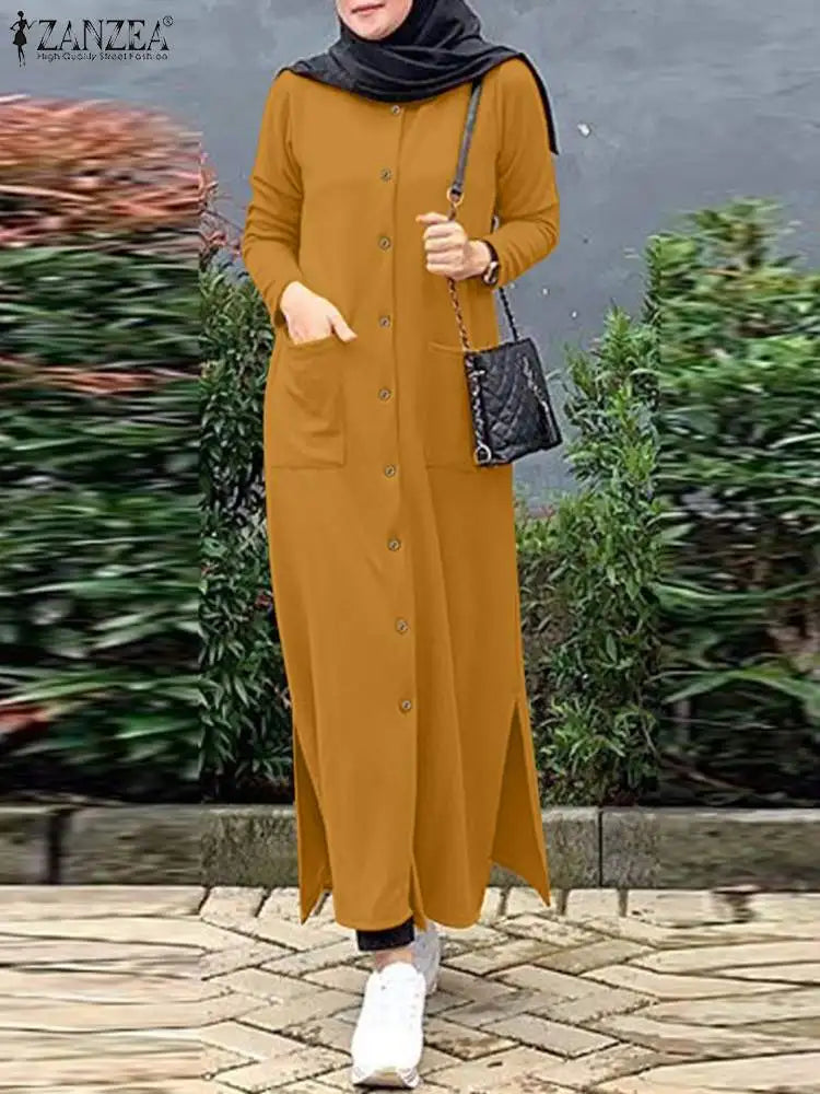 F W S..2024 ZANZEA Muslim Ramadan Sundress Robe Femme Vintage Long Sleeve Casual Solid Shirt Dress Fashion Loose Buttons Abaya Vestidos