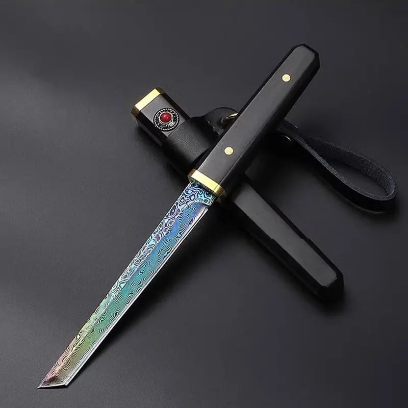 F.W.S...Damascus Steel Knife Solid wood handle and wooden sheath Mini katana fixed blade - for fruit slicing display collection