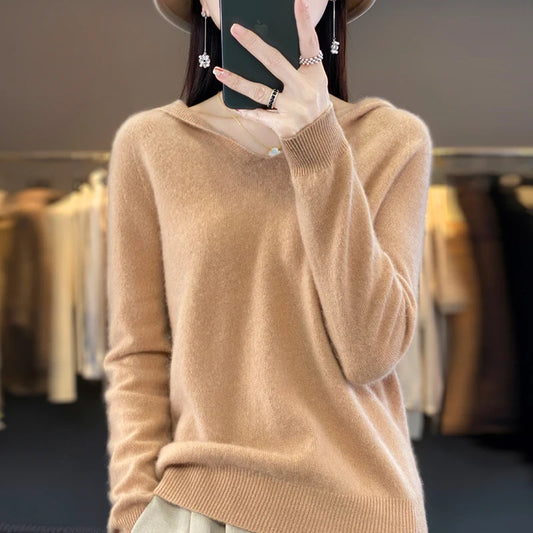 Fashions.w.s..100% Merino Wool Hooded Sweaters Women Knitted Pullover Top Winter Warm Soft V-Collar Polychrome Sweater Women's Jumper