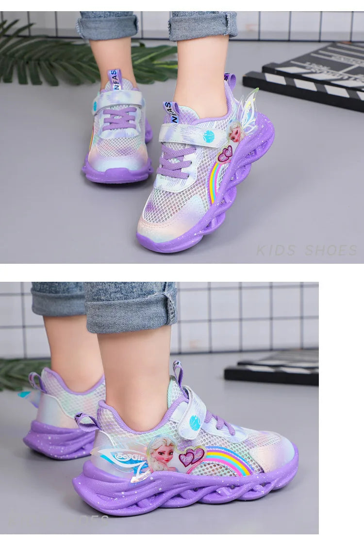 Disney Girls' Casual Shoes Led Lights Mesh Breathable Children's Sports  Princess Elsa Pink Purple Shoes Sneakers Size 22-37