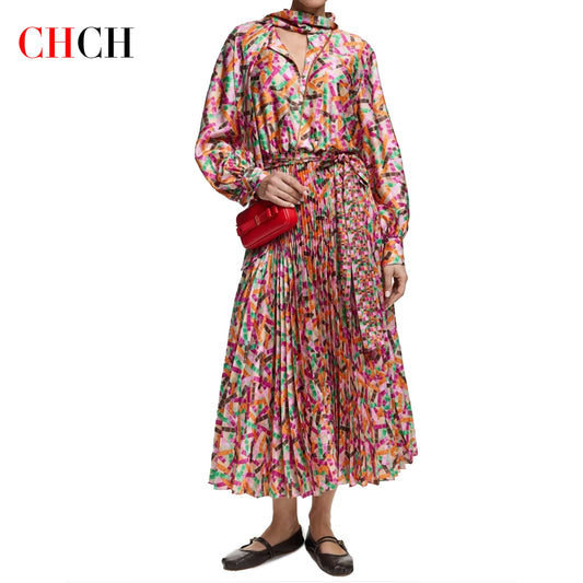 F W S..CHCH Women's Dress Autumn New Printed Folded Skirt Women's Vacation Long Skirt