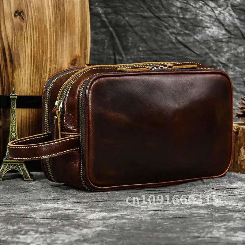 Cowhide Toiletry Bag Men Leather Cosmetic Bag Man Woman Wash Bag Storage Bags Genuine Leather Handbag For Make Up Dopp Kit Male