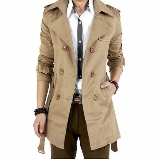 Fashions.w.s.. Men's Windbreaker Jacket Vintage Black Khaki Spring Autumn Business Trench Male Double Breasted Retro Classic Long Coat Men