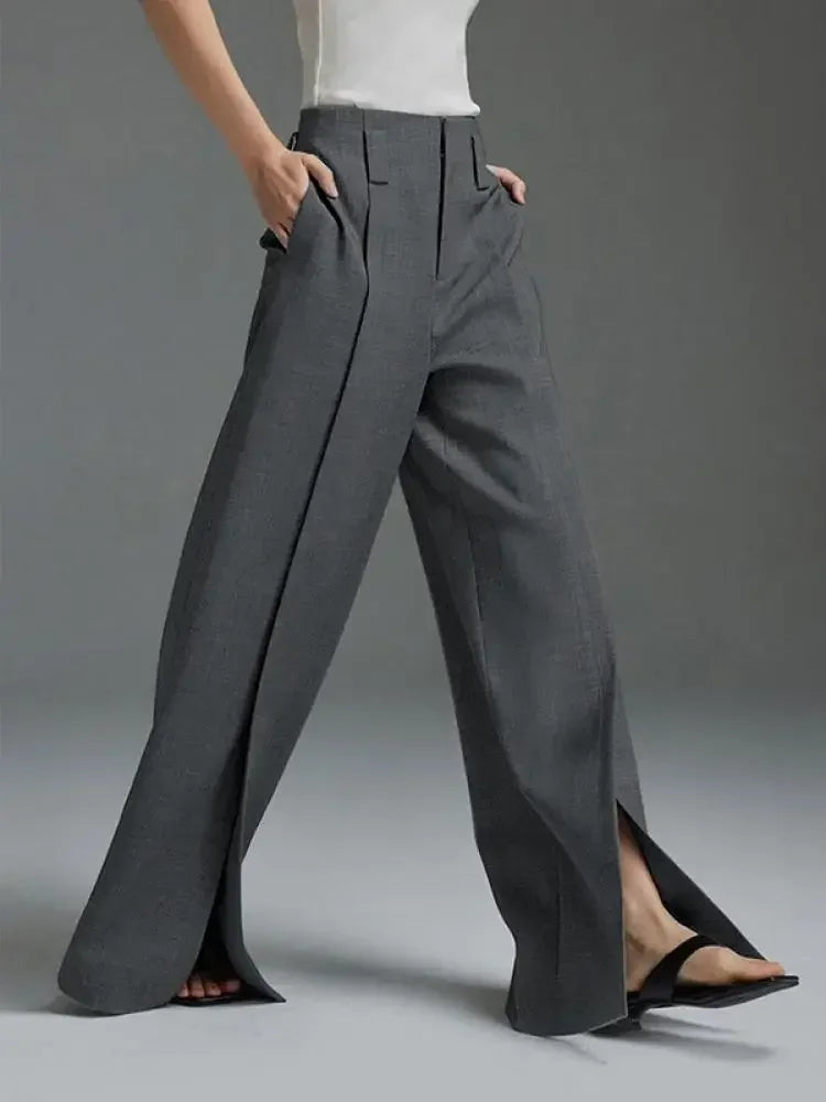 fashions w s.. Autumn Suit Pants Grey Trousers Loose High Waisted Korean Fashion Split-Front Pleated Wide Leg Classics Pants For Office Lady