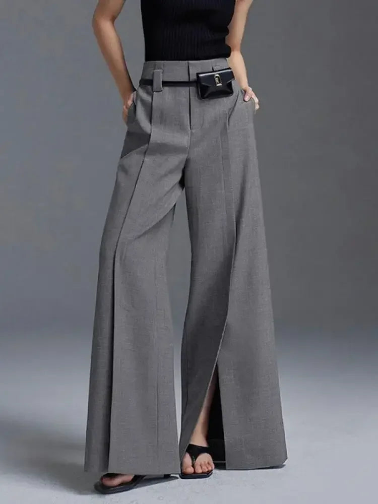 fashions w s.. Autumn Suit Pants Grey Trousers Loose High Waisted Korean Fashion Split-Front Pleated Wide Leg Classics Pants For Office Lady