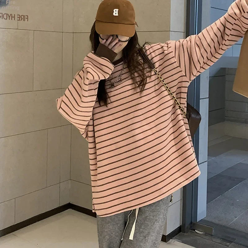 Fashion WS ..Pink Striped Long Sleeve T-shirt Women's FASHION W S..Chic Loose-fit Inner Round  Neck Sweatshirt 2023 Autumn New Lightweight Student Tops