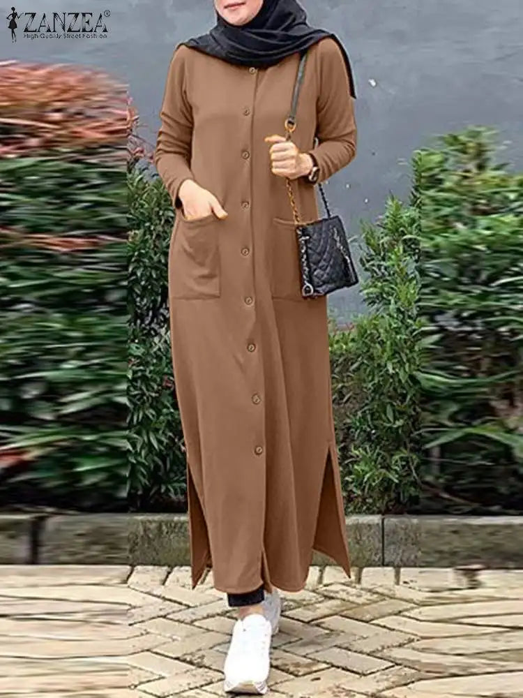 F W S..2024 ZANZEA Muslim Ramadan Sundress Robe Femme Vintage Long Sleeve Casual Solid Shirt Dress Fashion Loose Buttons Abaya Vestidos