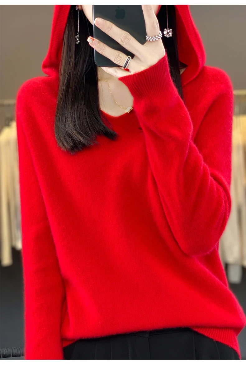 Fashions.w.s..100% Merino Wool Hooded Sweaters Women Knitted Pullover Top Winter Warm Soft V-Collar Polychrome Sweater Women's Jumper