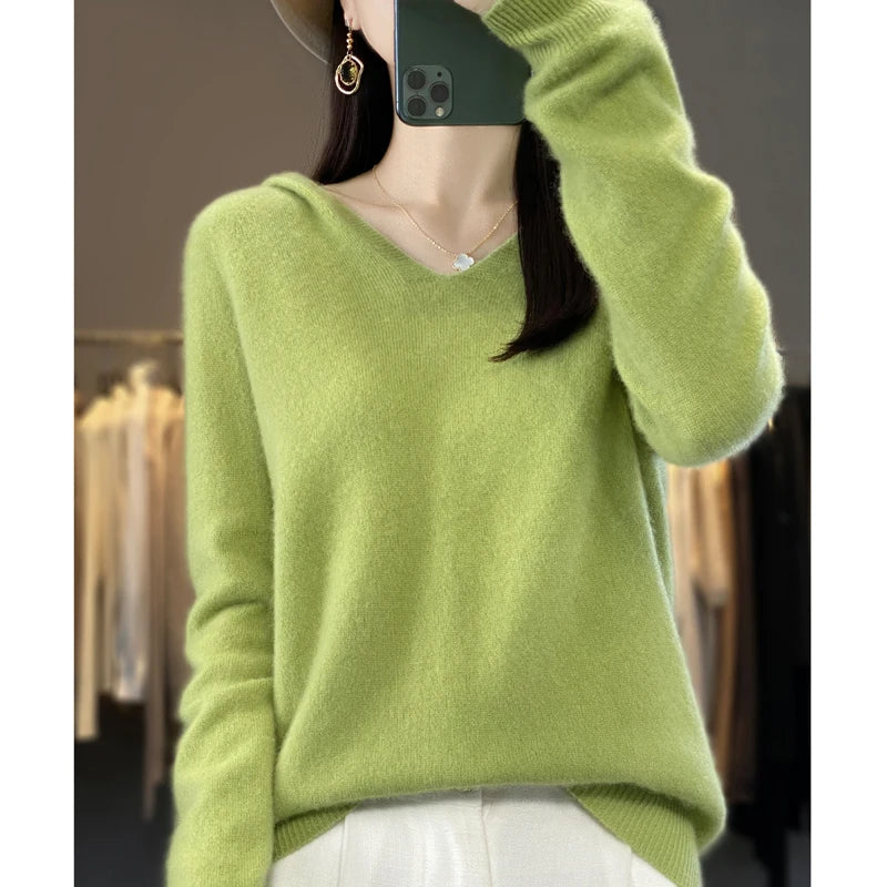 Fashions.w.s..100% Merino Wool Hooded Sweaters Women Knitted Pullover Top Winter Warm Soft V-Collar Polychrome Sweater Women's Jumper