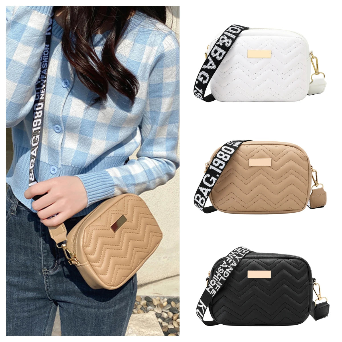 F.W.S...Fashion Women Shoulder Bags With Wave Pattern Solid Color Crossbody Bag Pu Leather Wide Shoulder Strap Bag Purse Female Handbags