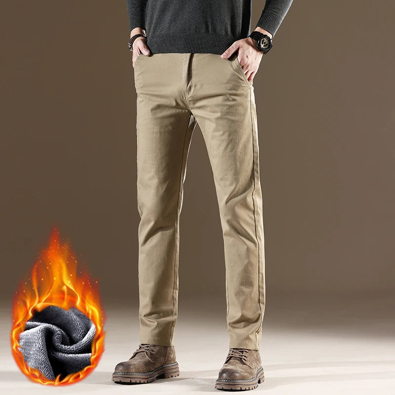 F W S ..97% Cotton Men's Fleece Casual Pants Khaki Black Gray Navy Blue Straight Soft Cozy Stretch Trousers Winter Warm Male Clothing