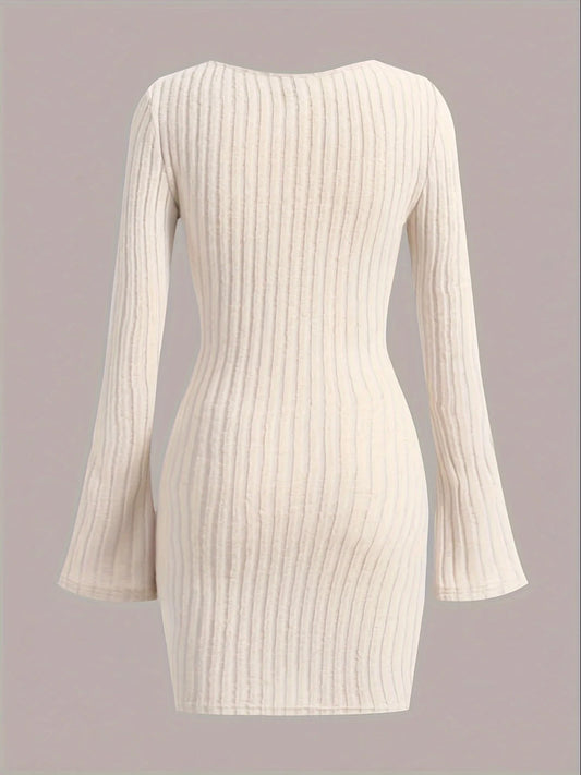 Elegant Ribbed Scoop Neck Long Sleeve Mini Dress for Women - Flattering Fit and Comfortable Fabric