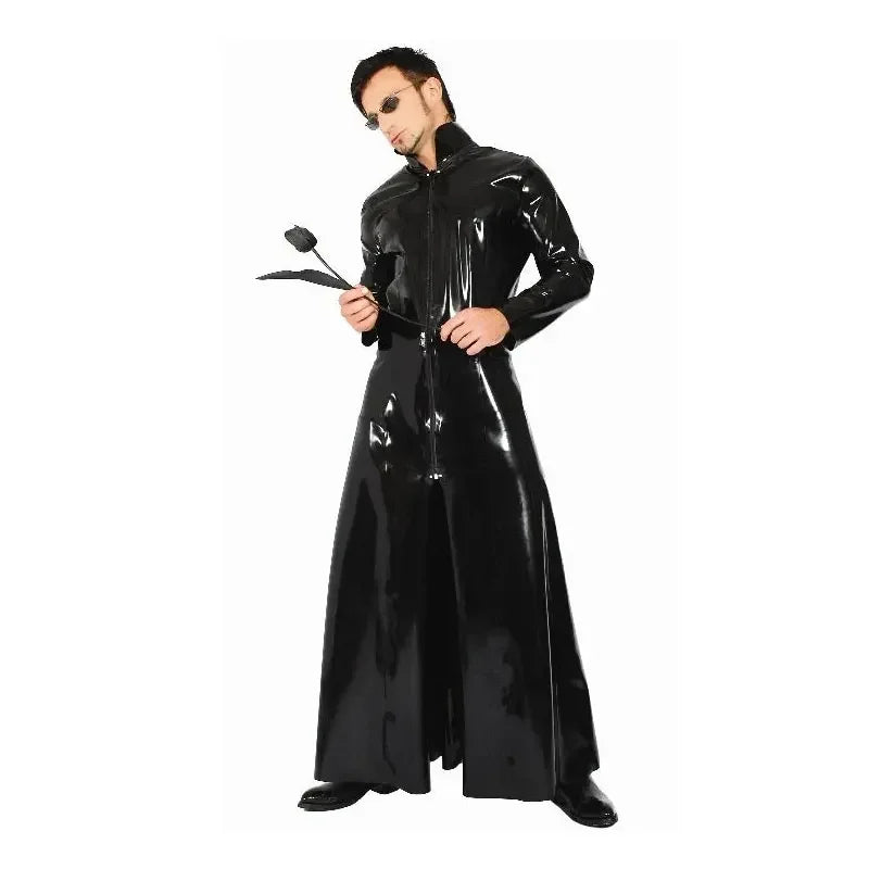 F w s..Unisex Black Long Glossy Leather Coat PVC Latex Trench Jacket Costume for Men Women Movie The Matrix Neo Cosplay