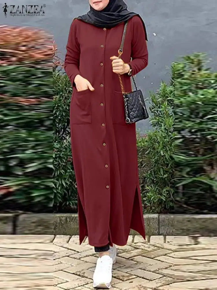 F W S..2024 ZANZEA Muslim Ramadan Sundress Robe Femme Vintage Long Sleeve Casual Solid Shirt Dress Fashion Loose Buttons Abaya Vestidos