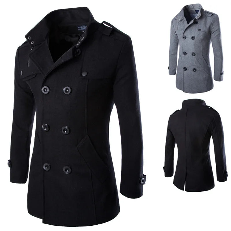 F W S..Mens Overcoat Trench Coats Winter Male Pea Coats Double Breasted Wool & Blends Coat Brand Clothing W01