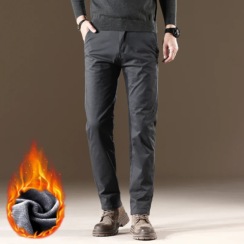 F W S ..97% Cotton Men's Fleece Casual Pants Khaki Black Gray Navy Blue Straight Soft Cozy Stretch Trousers Winter Warm Male Clothing