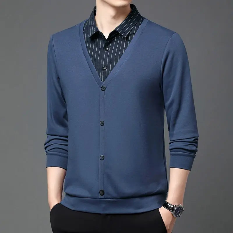 F W S..Fashion Men Fleece Warm Striped Polo Shirt Spring Autumn Korean Street Male Clothes Business Casual Versatile Long Sleeve Tops