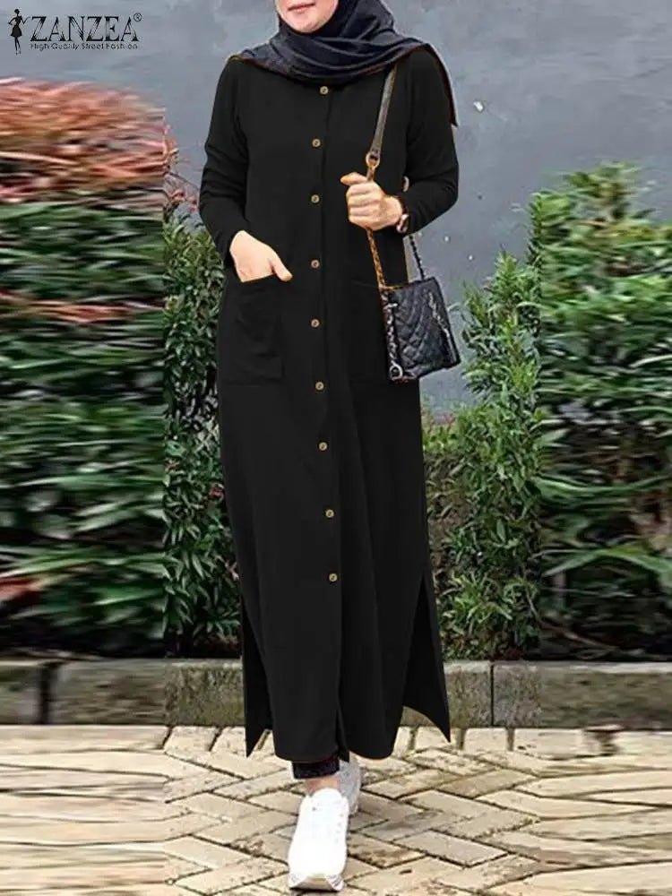 F W S..2024 ZANZEA Muslim Ramadan Sundress Robe Femme Vintage Long Sleeve Casual Solid Shirt Dress Fashion Loose Buttons Abaya Vestidos