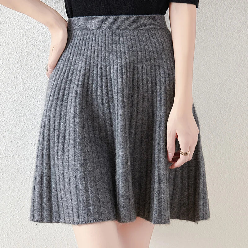 F W S..100% merino wool women's knitted pleated skirt, elastic waist, casual, fashionable, Korean version, new autumn and winter 2024