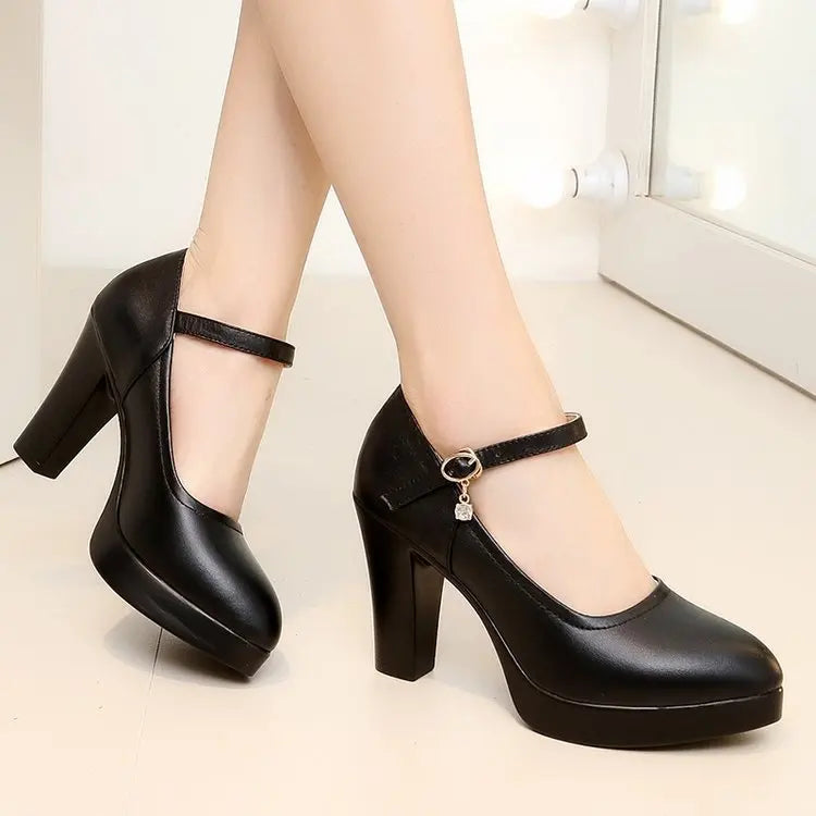 F.w.S ..High Heels Platform Pumps Mujer 2022 Spring New Fashion Buckle Solid Black Shoes Woman PU Leather Waterproof Shoes Femme