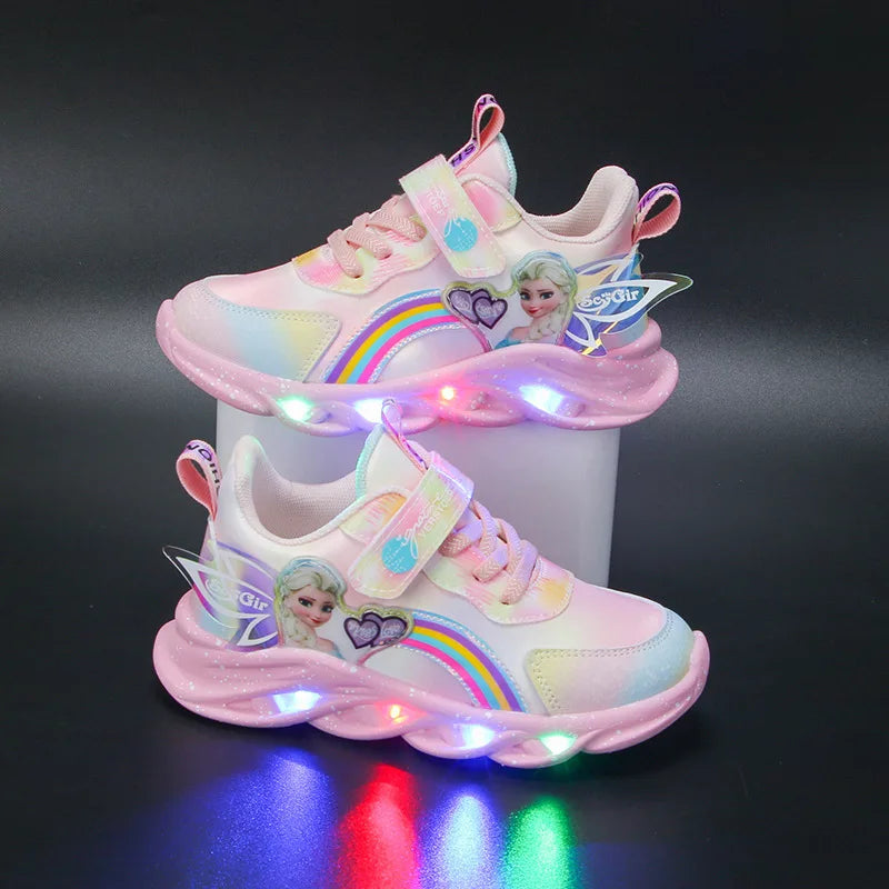 Disney Girls' Casual Shoes Led Lights Mesh Breathable Children's Sports  Princess Elsa Pink Purple Shoes Sneakers Size 22-37