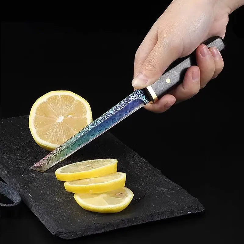 F.W.S...Damascus Steel Knife Solid wood handle and wooden sheath Mini katana fixed blade - for fruit slicing display collection