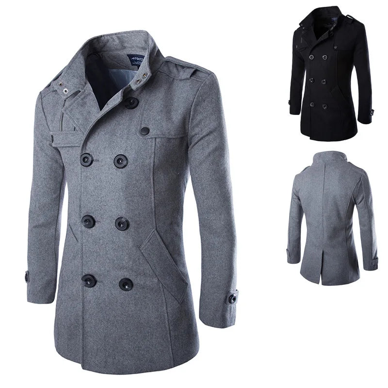 F W S..Mens Overcoat Trench Coats Winter Male Pea Coats Double Breasted Wool & Blends Coat Brand Clothing W01