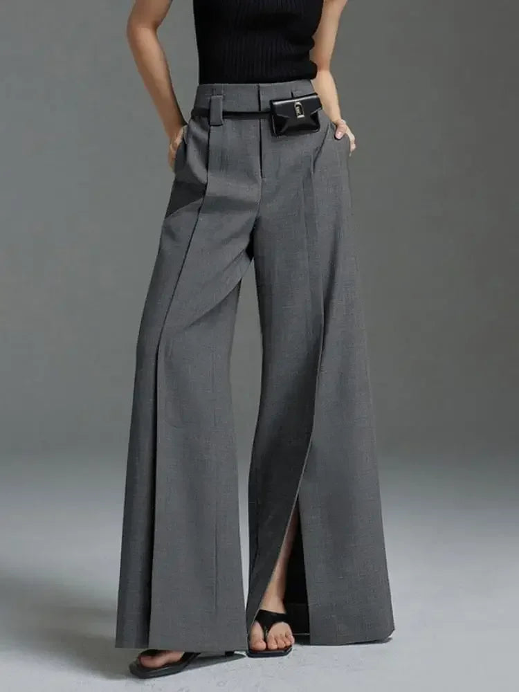 fashions w s.. Autumn Suit Pants Grey Trousers Loose High Waisted Korean Fashion Split-Front Pleated Wide Leg Classics Pants For Office Lady