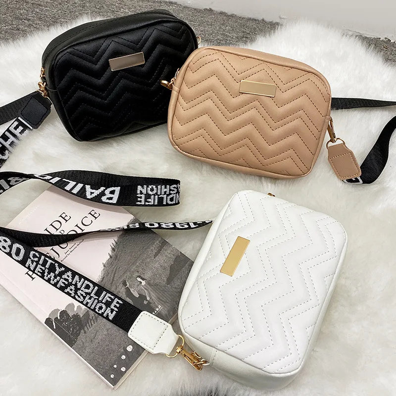 F.W.S...Fashion Women Shoulder Bags With Wave Pattern Solid Color Crossbody Bag Pu Leather Wide Shoulder Strap Bag Purse Female Handbags