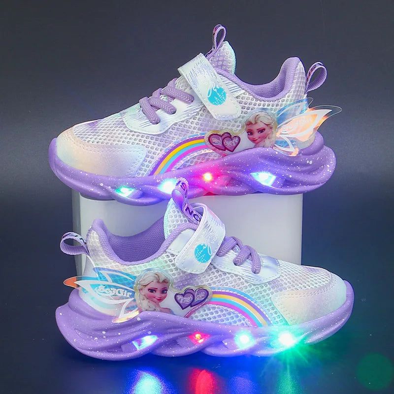 Disney Girls' Casual Shoes Led Lights Mesh Breathable Children's Sports  Princess Elsa Pink Purple Shoes Sneakers Size 22-37